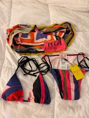 Pucci FASHION Multicolor Striped Bikini with Matching Scarf